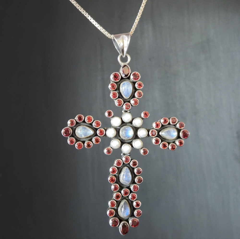 NICKY BUTLER 925 Sterling Silver Garnet Designer NB Cross Necklace Vintage